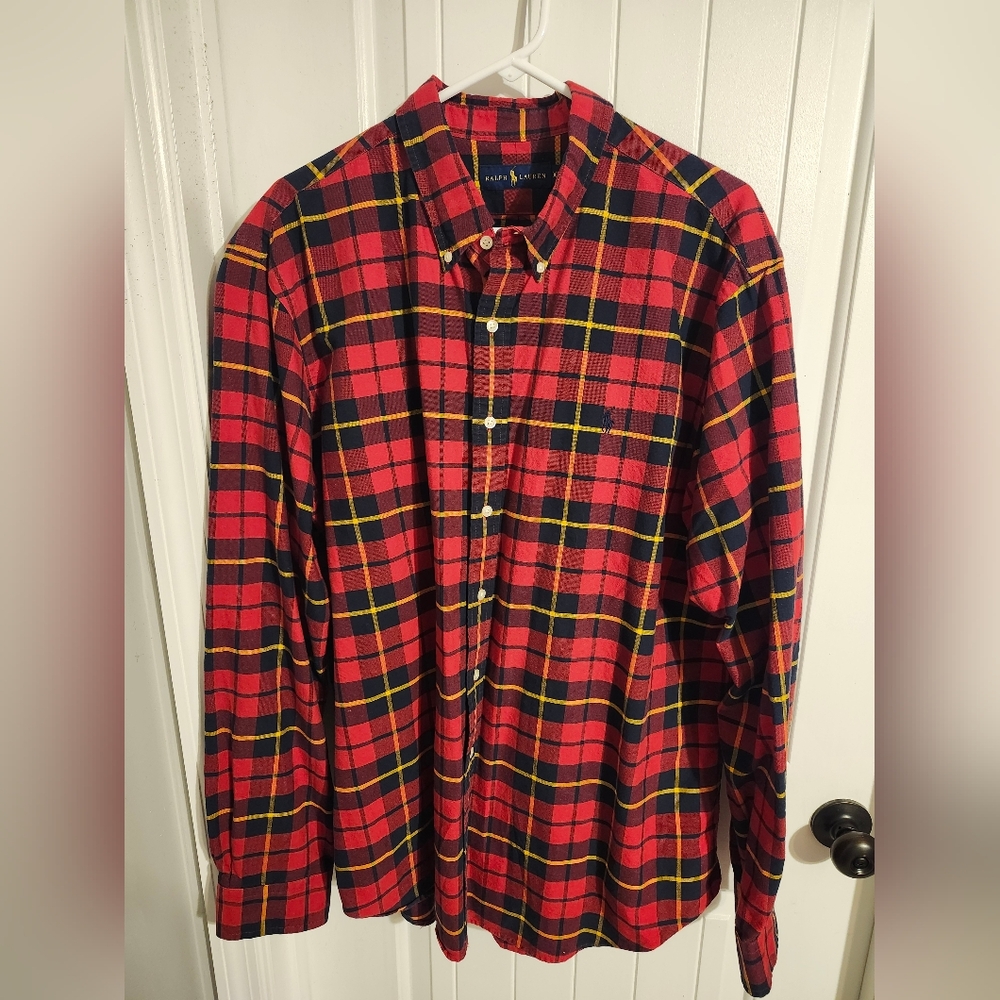 Ralph Lauren Red and Yellow Casual Button Down Shirt Size: XXL